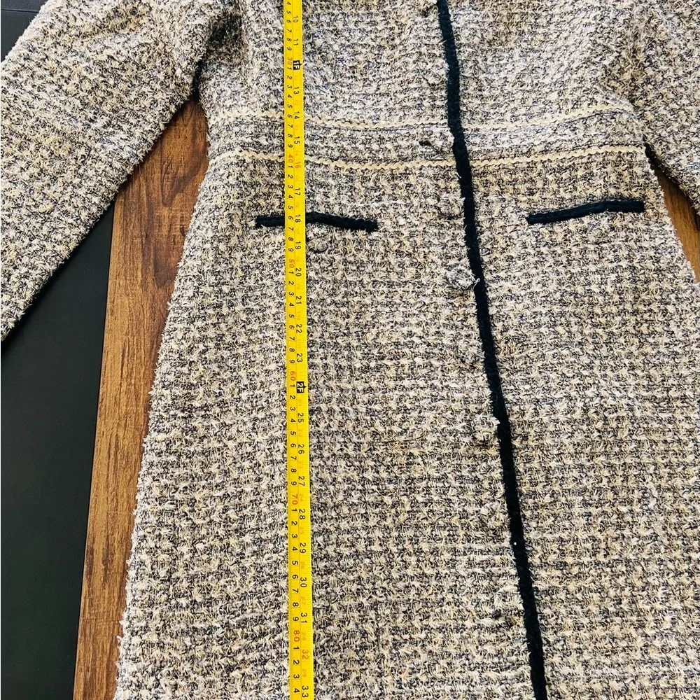 J. Crew Tweed Long-Sleeve Black Trim Shift Dress Coat — Cream & Black